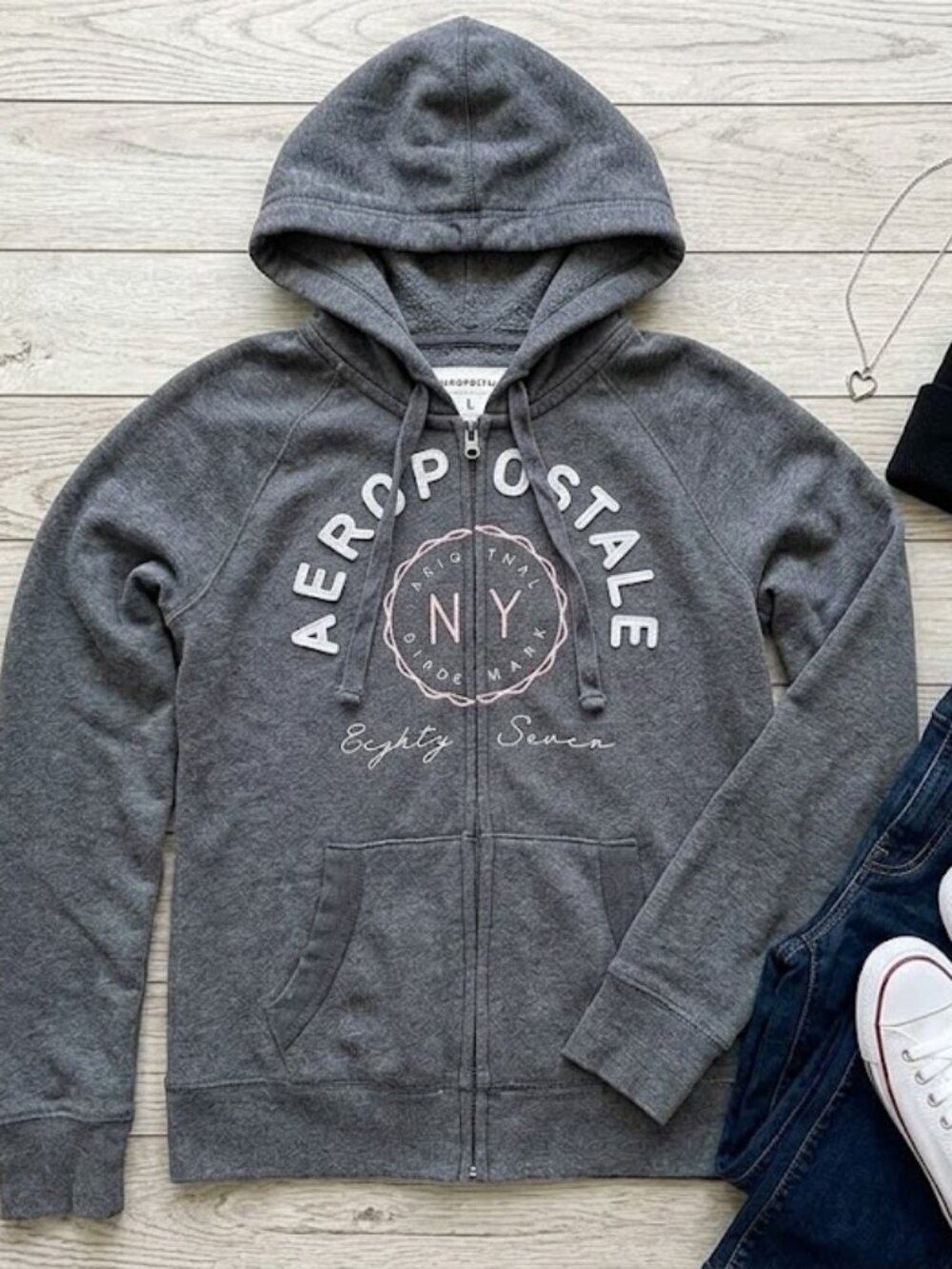 Aeropostale Gray NY Eighty Seven Logo Fleece Zip Up Hoodie Jacket Women L